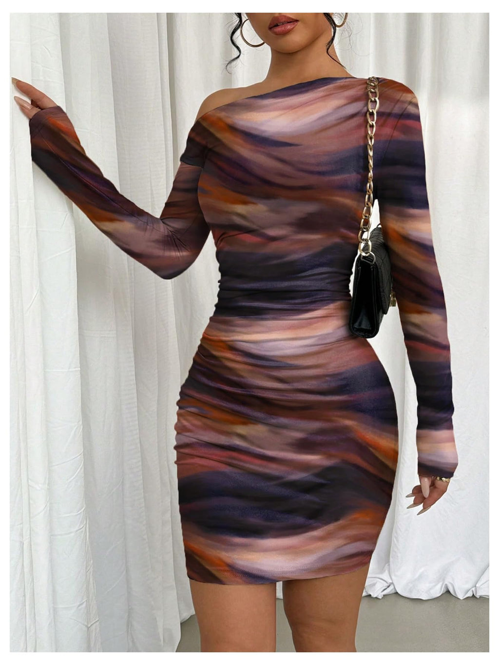 Women’s Off Shoulder Ombre Bodycon Dress Long Sleeve Slim Fit Mini