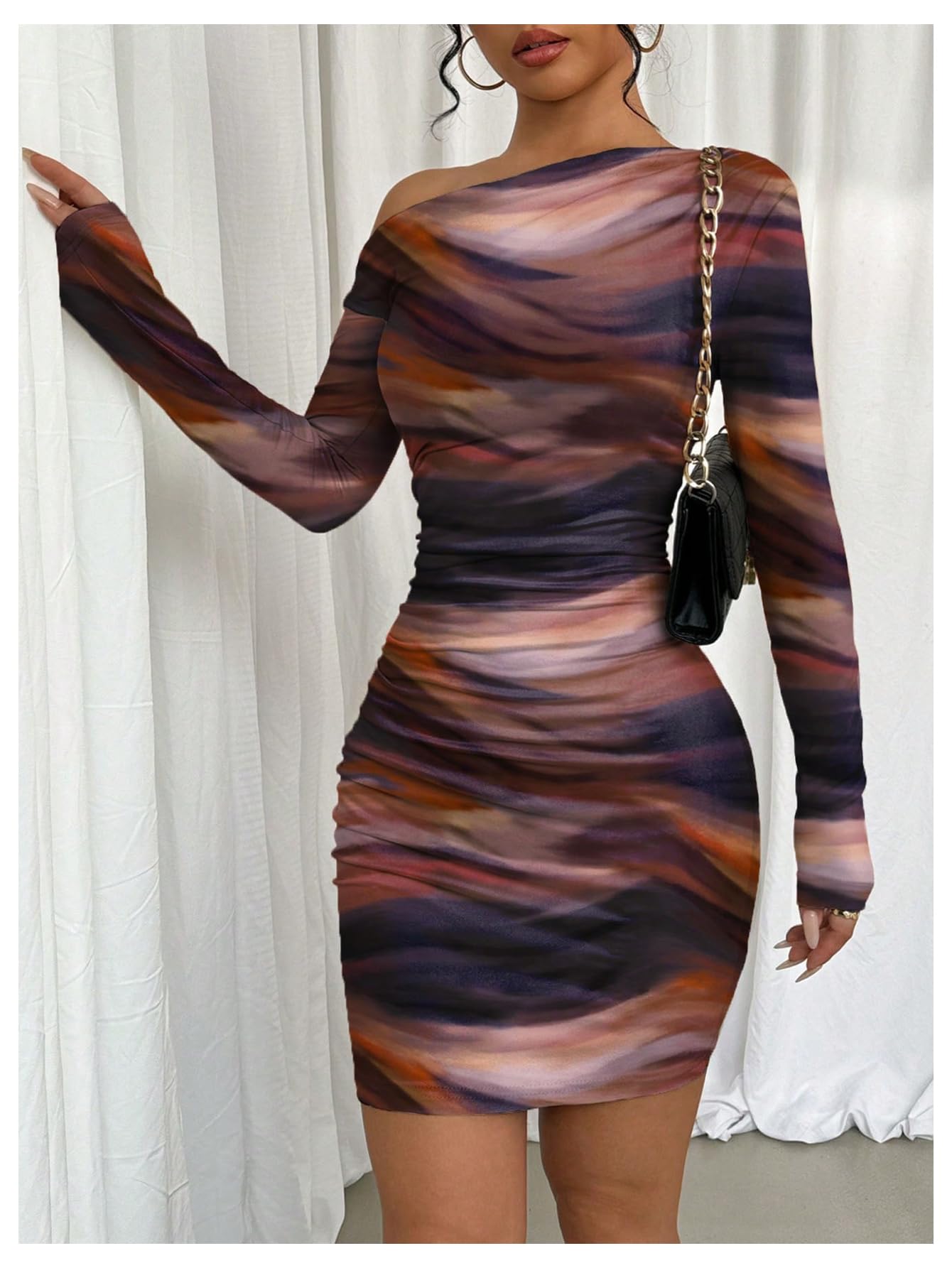 Women’s Off Shoulder Ombre Bodycon Dress Long Sleeve Slim Fit Mini