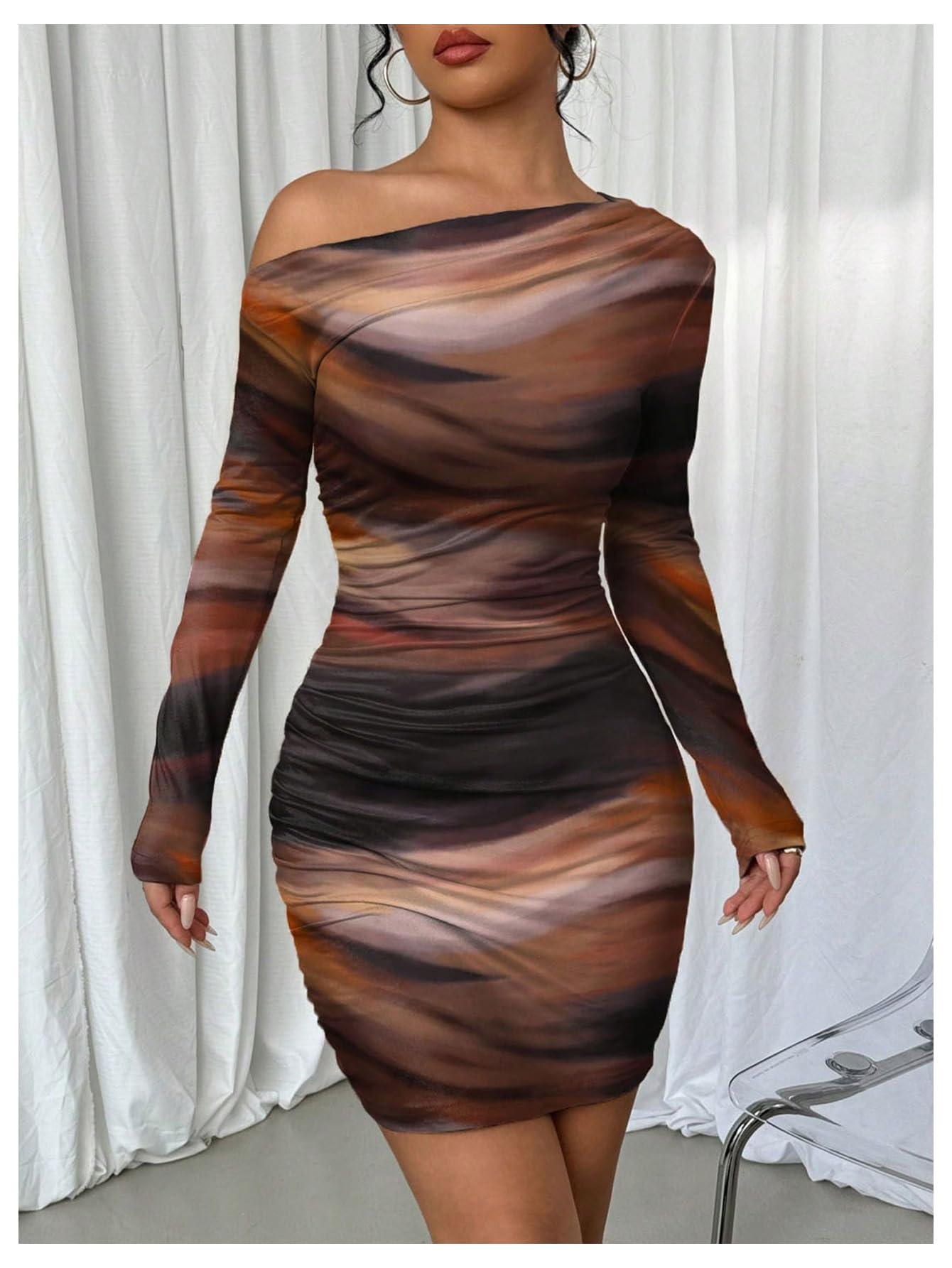 Women’s Off Shoulder Ombre Bodycon Dress Long Sleeve Slim Fit Mini