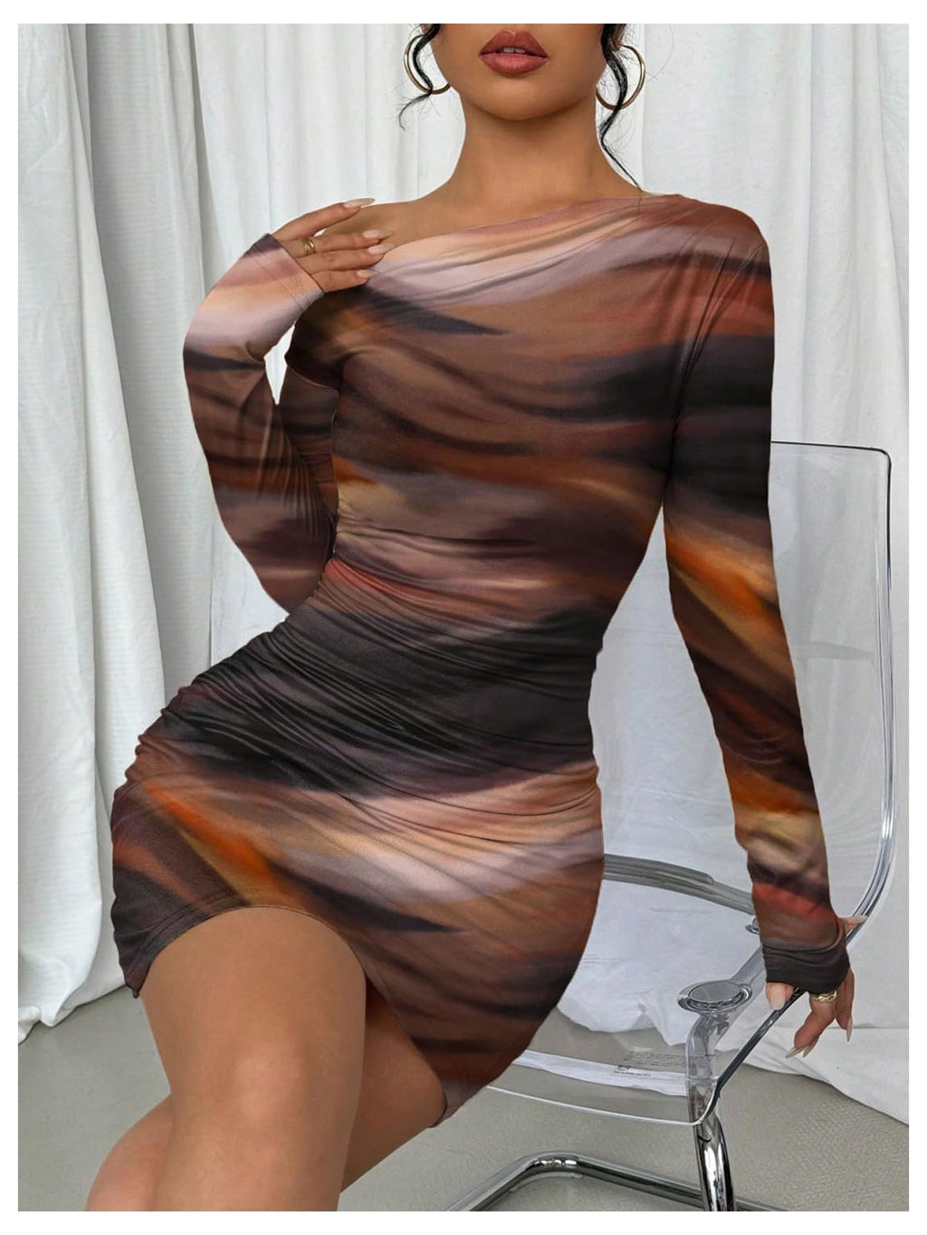 Women’s Off Shoulder Ombre Bodycon Dress Long Sleeve Slim Fit Mini