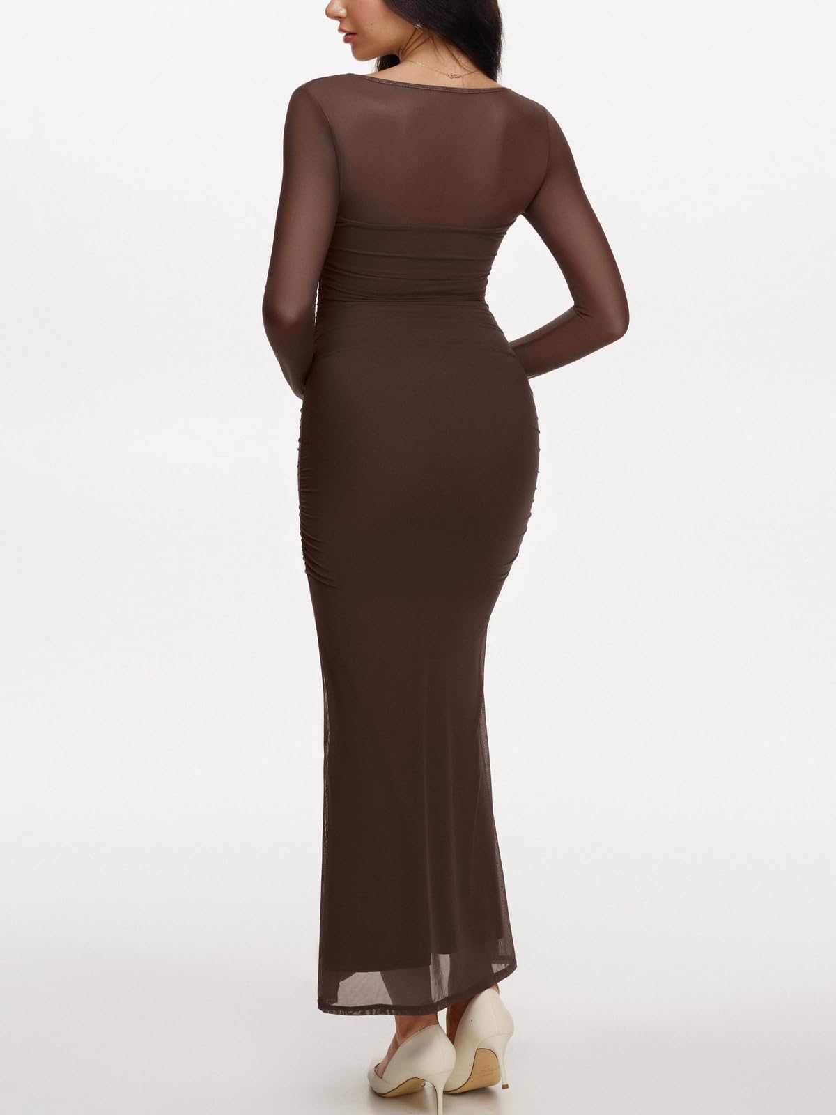 Long Sleeve Wedding Guest Maxi Dress for Women Sheer Mesh Square Neck Ruched Bodycon Spring Outfit