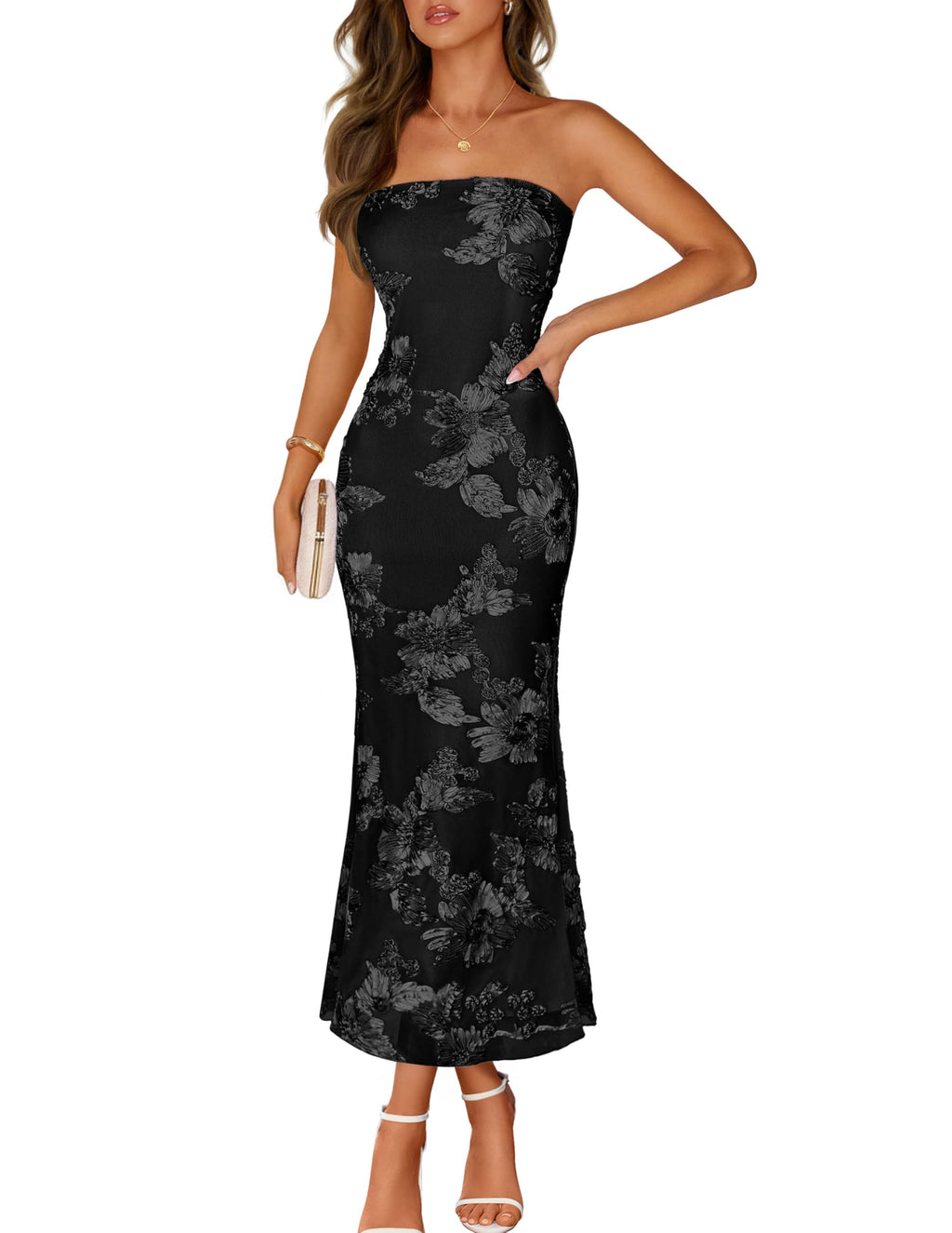 Floral Strapless Maxi Dress for Women 2026 Summer Mesh Tube Bodycon Formal Wedding Guest Cocktail