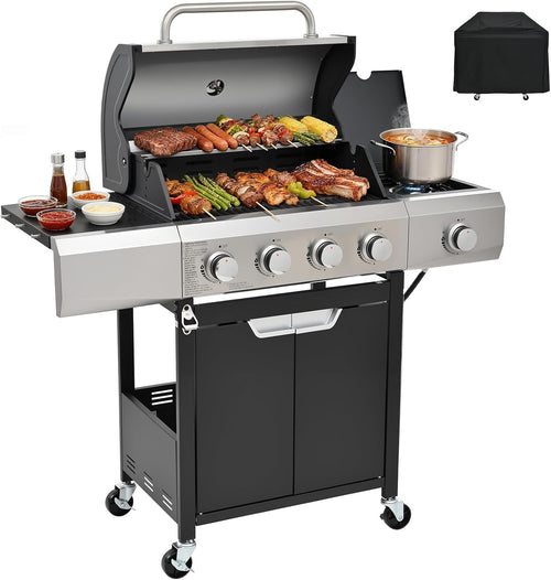 4-Burner Propane Gas BBQ Grill with Side Burner, 46,500 BTU Output Stainless Steel Barbecue Grill with Enameled Cast Iron Grates and Side Tables for Outdoor Cooking Kitchen and Patio Backyard