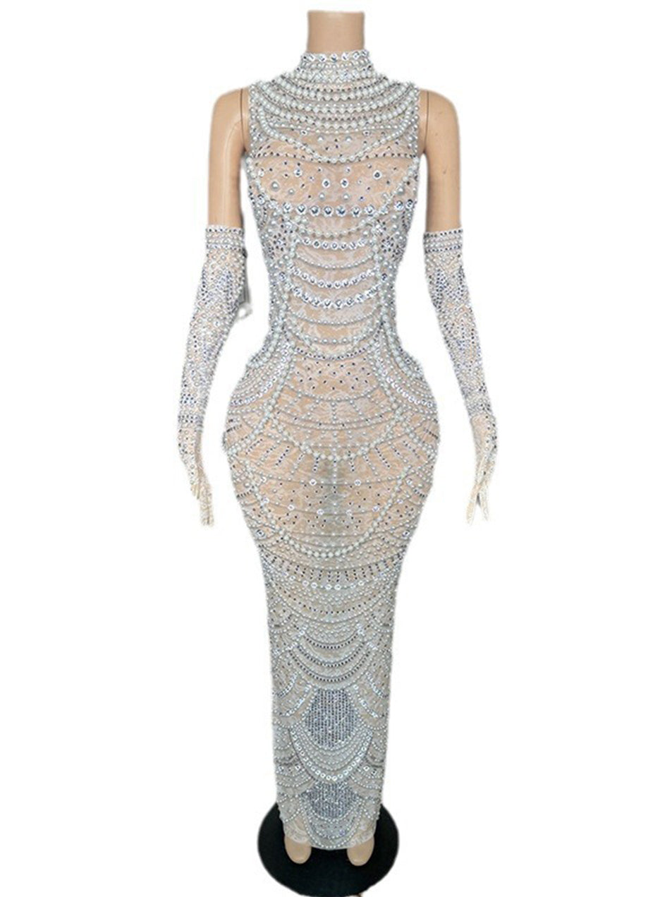 Pearl Embellished Fitted Maxi Party Dress