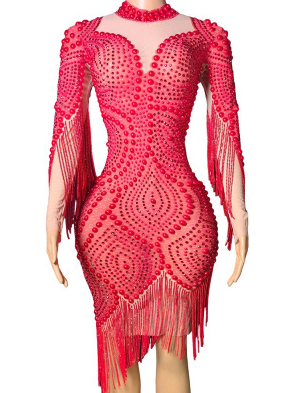 Pearl Embellished Mesh Bodycon Mini Evening Dress