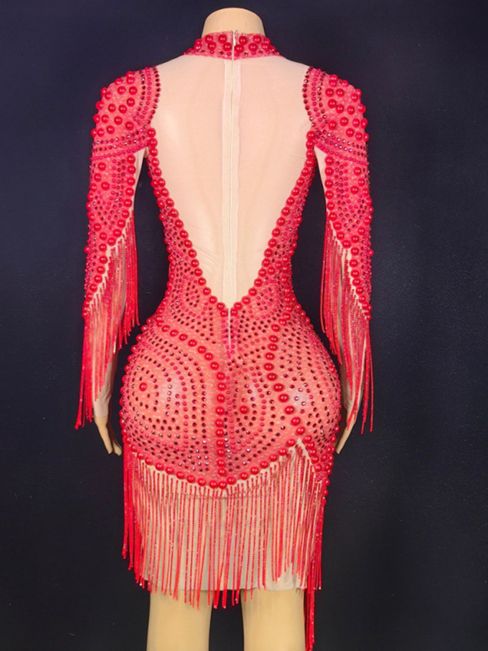 Pearl Embellished Mesh Bodycon Mini Evening Dress