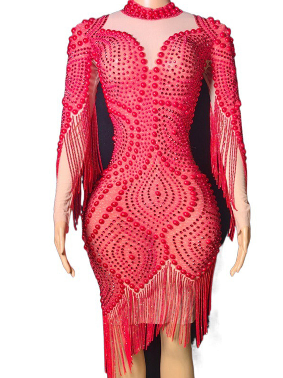 Pearl Embellished Mesh Bodycon Mini Evening Dress