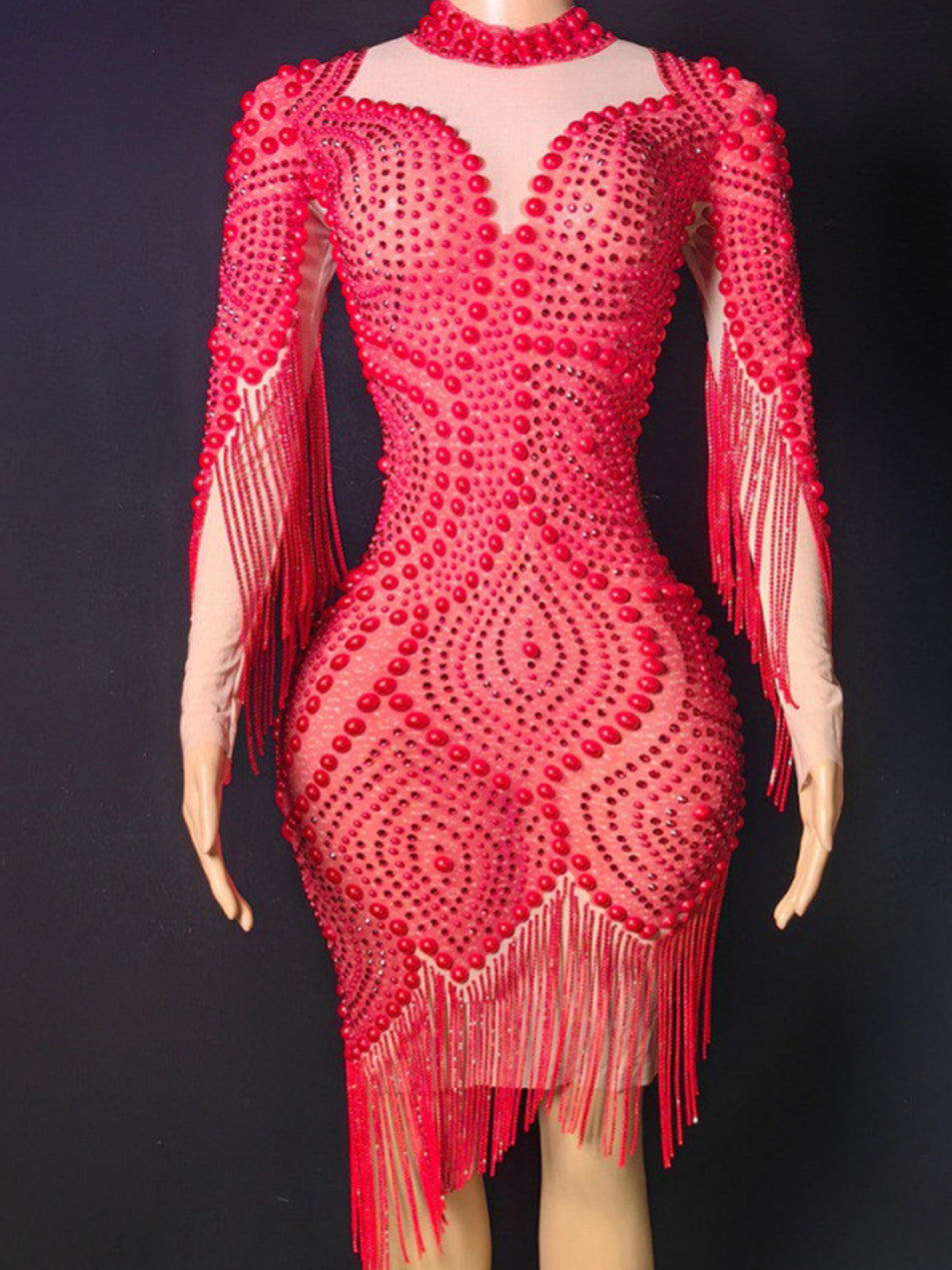 Pearl Embellished Mesh Bodycon Mini Evening Dress