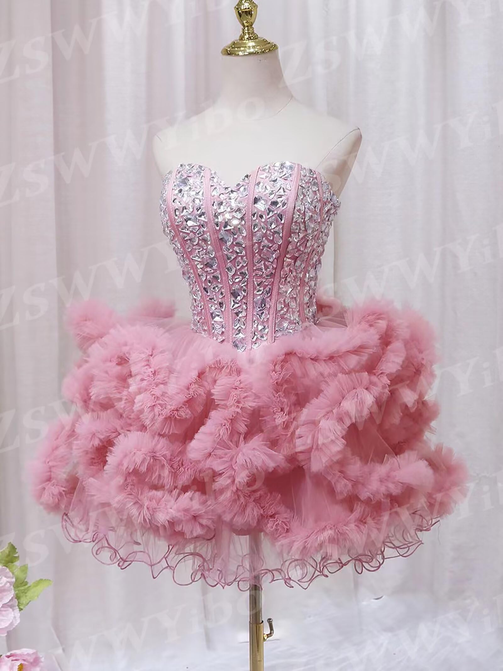 Tulle Homecoming Dress Sparkling Ball Gown Strapless Quinceanera Short Cocktail Prom Dress for Teens