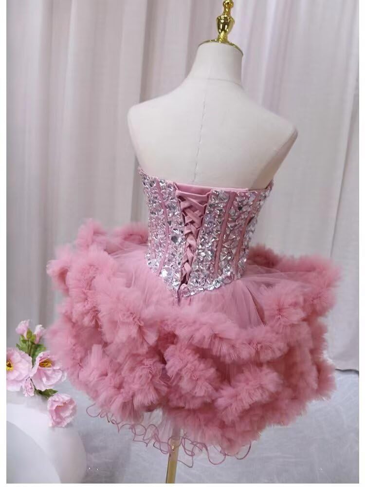 Tulle Homecoming Dress Sparkling Ball Gown Strapless Quinceanera Short Cocktail Prom Dress for Teens