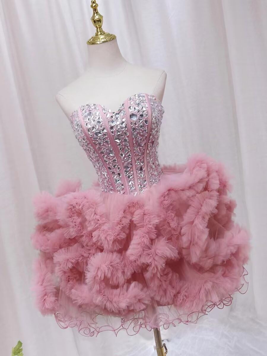 Tulle Homecoming Dress Sparkling Ball Gown Strapless Quinceanera Short Cocktail Prom Dress for Teens