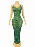 Green Sequin Backless Strap Maxi Evening Dress