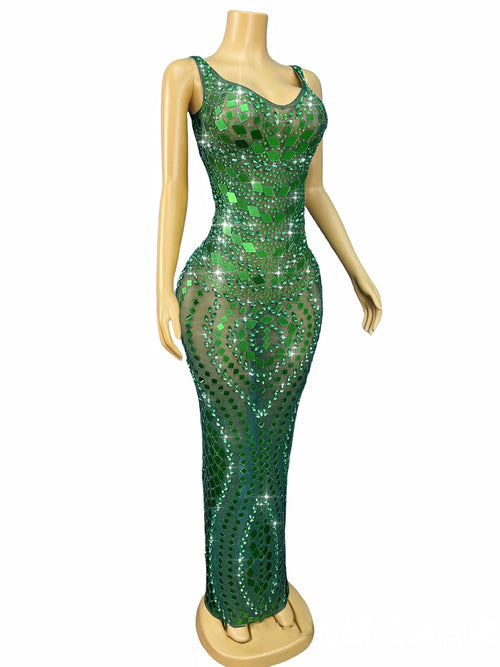 Green Sequin Backless Strap Maxi Evening Dress
