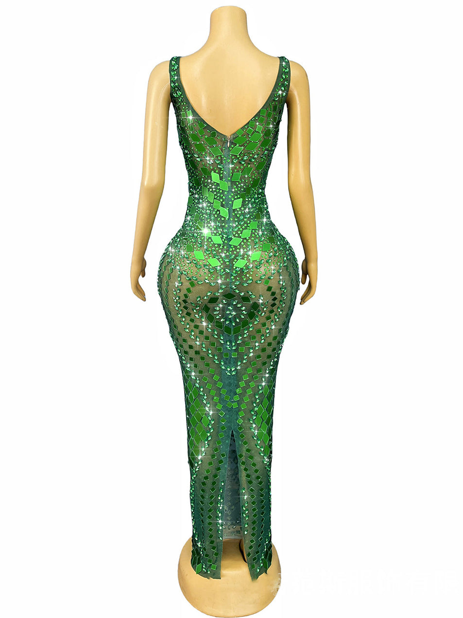 Green Sequin Backless Strap Maxi Evening Dress