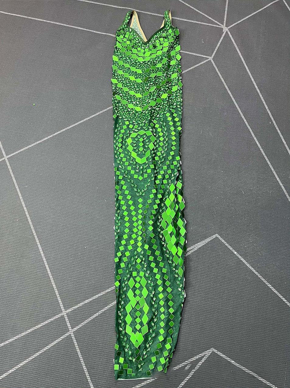 Green Sequin Backless Strap Maxi Evening Dress