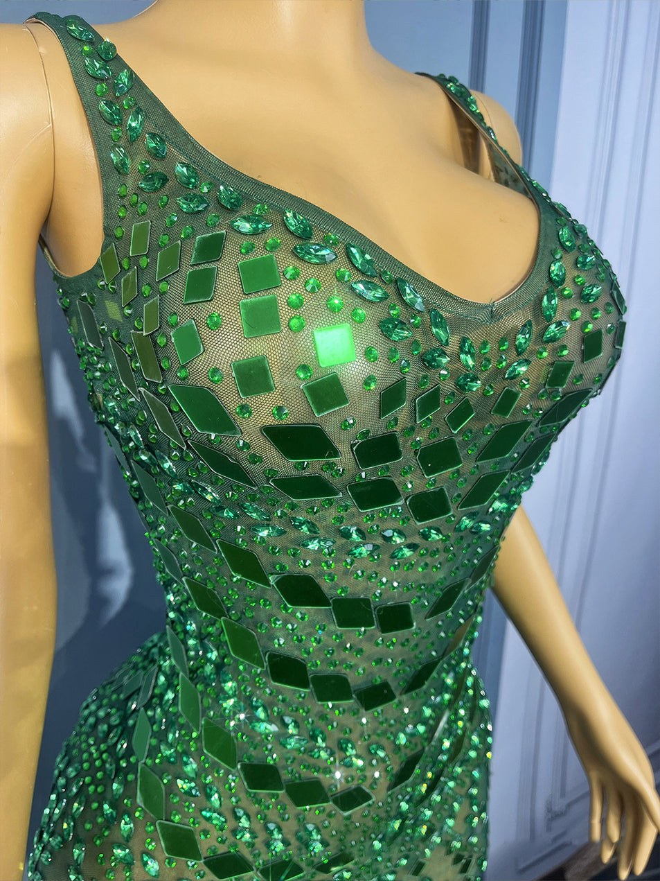 Green Sequin Backless Strap Maxi Evening Dress