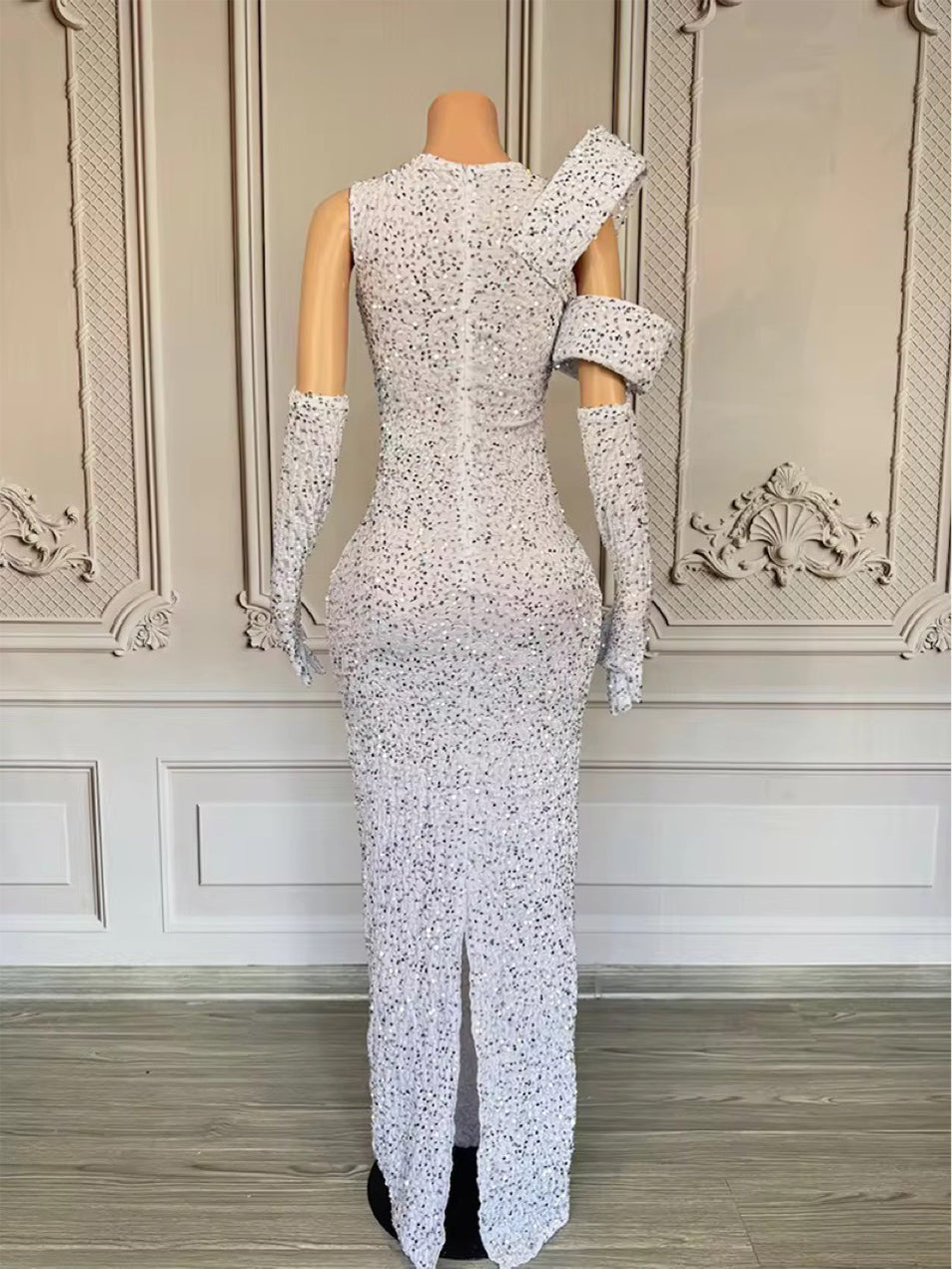 V Neck Rhinestone Mesh Maxi Evening Dress