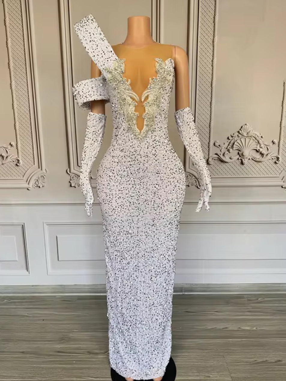 V Neck Rhinestone Mesh Maxi Evening Dress