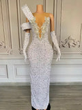 V Neck Rhinestone Mesh Maxi Evening Dress