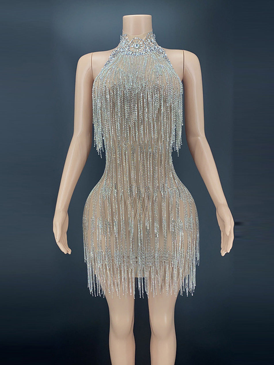 Silver Crystal Fringe Off Shoulder Mini Evening Dress