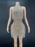 Silver Crystal Fringe Off Shoulder Mini Evening Dress