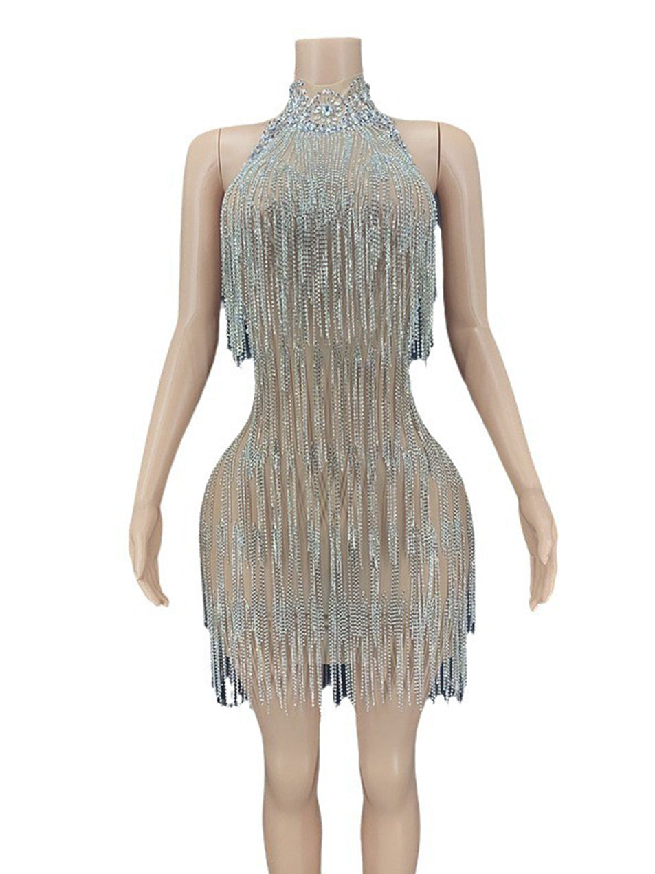 Silver Crystal Fringe Off Shoulder Mini Evening Dress