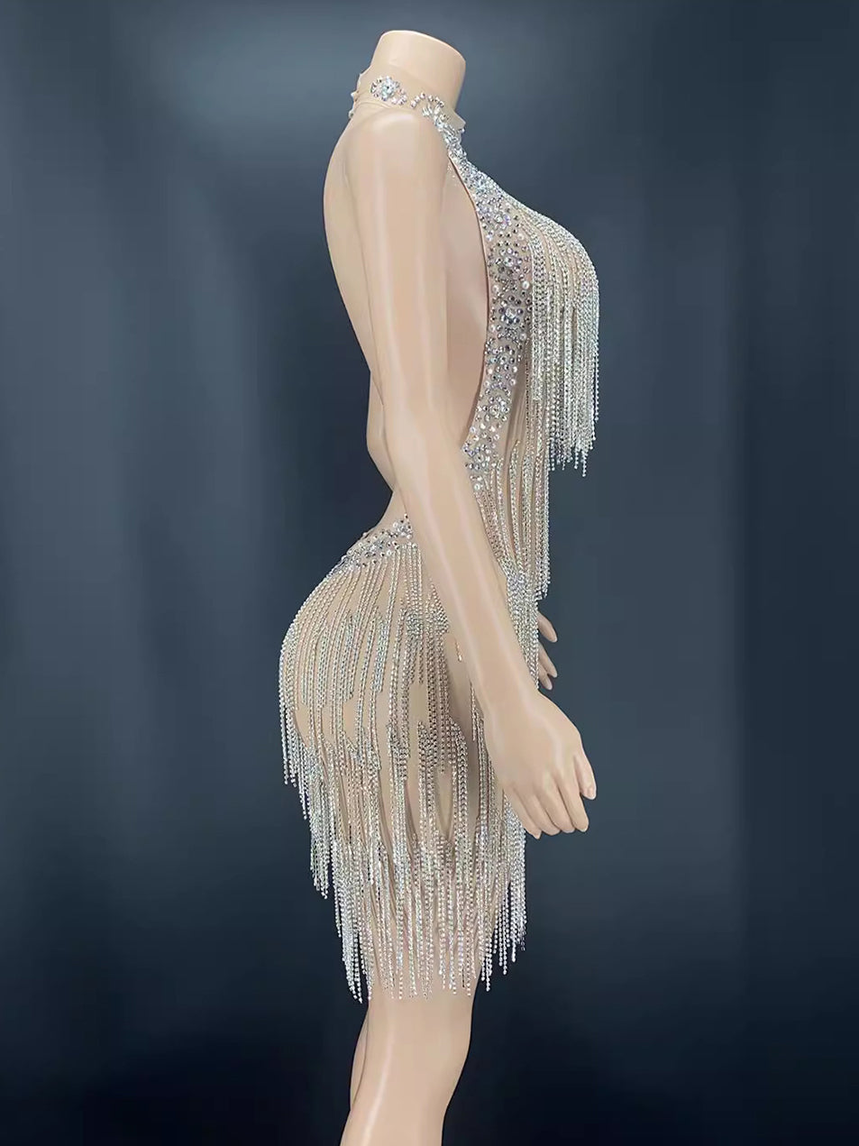 Silver Crystal Fringe Off Shoulder Mini Evening Dress