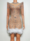Rhinestone Embellished Fitted Mini Dress with Feather Trim