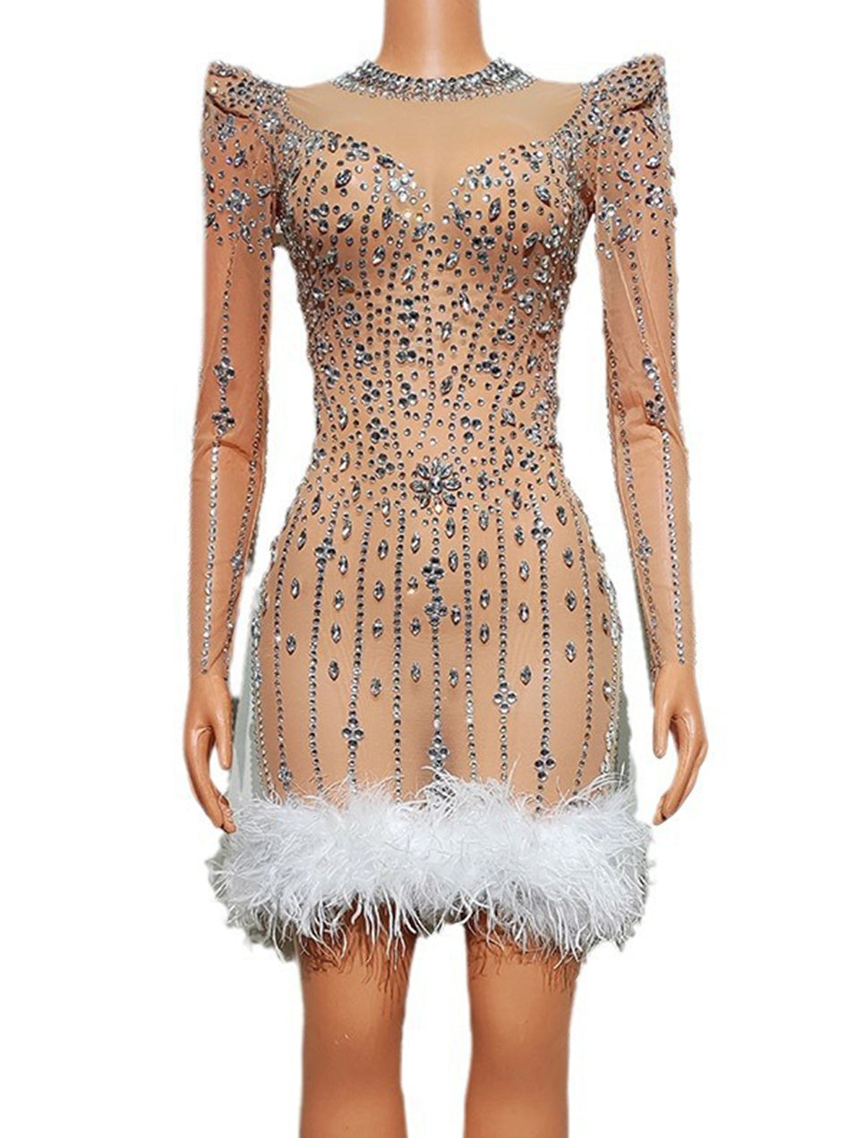 Rhinestone Embellished Fitted Mini Dress with Feather Trim