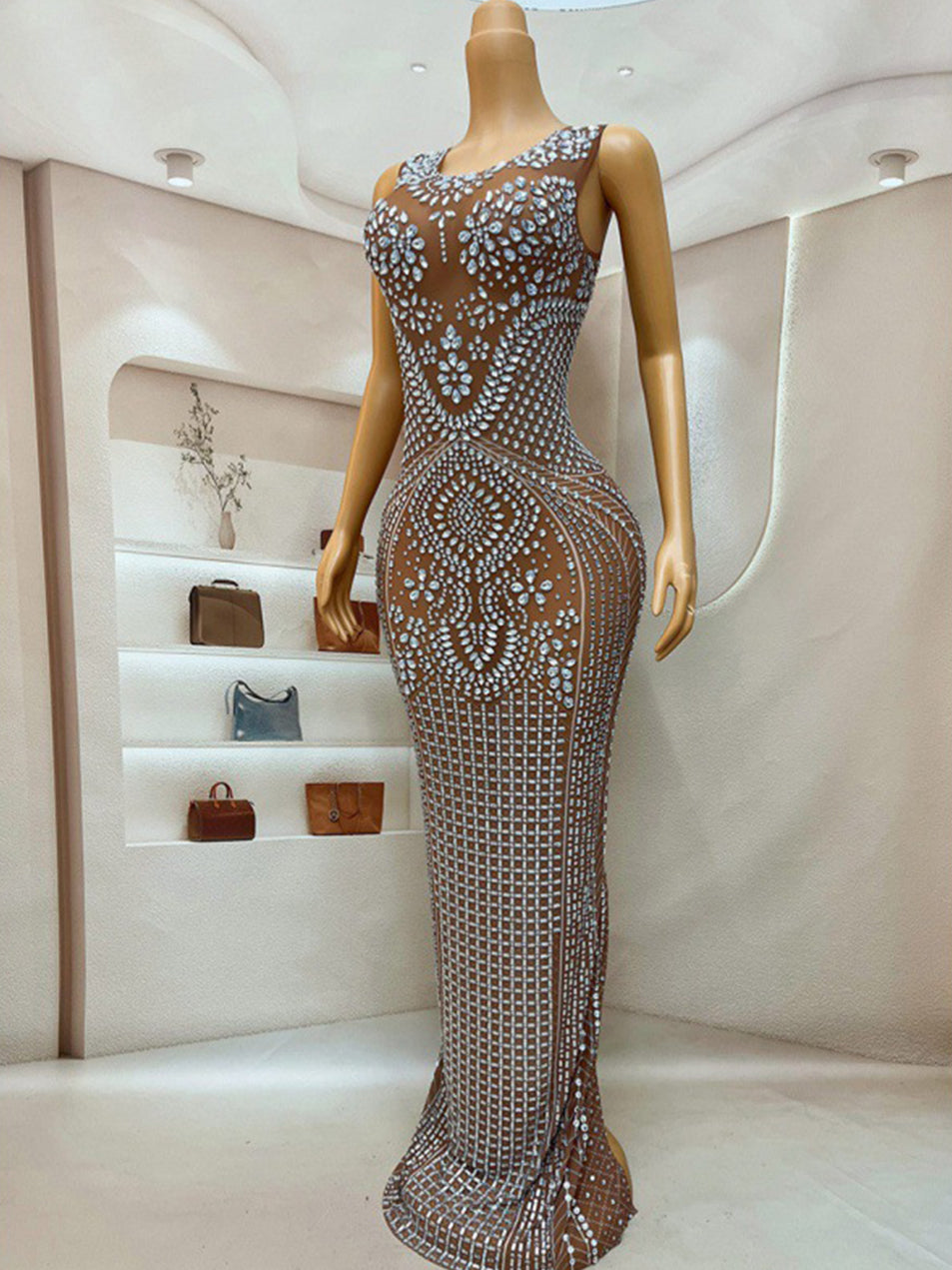 Elegant Rhinestone Mesh Bodycon Maxi Evening Dress