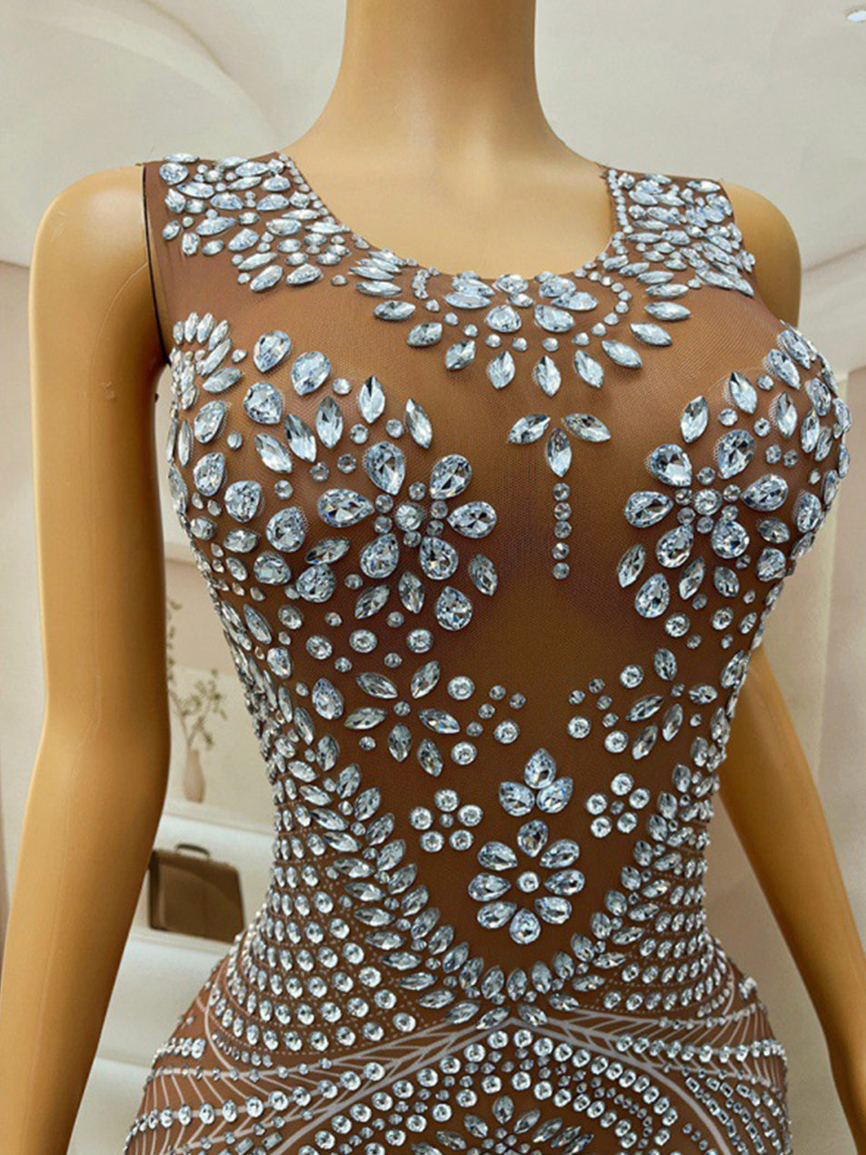 Elegant Rhinestone Mesh Bodycon Maxi Evening Dress