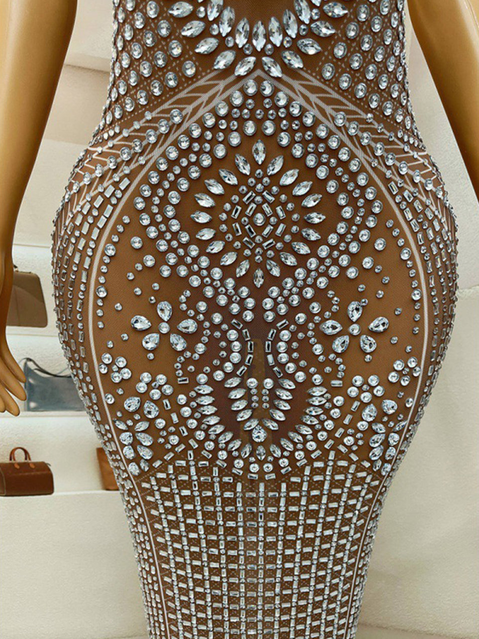 Elegant Rhinestone Mesh Bodycon Maxi Evening Dress