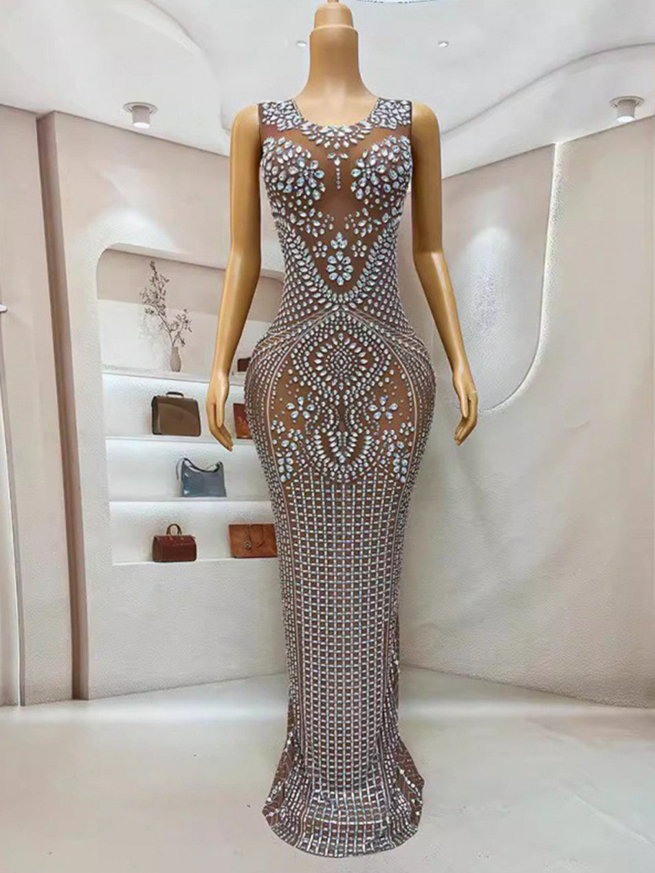 Elegant Rhinestone Mesh Bodycon Maxi Evening Dress